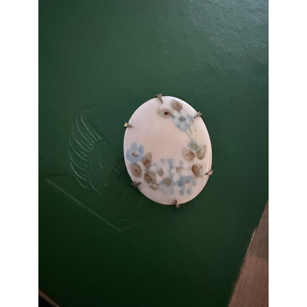 Vintage Porcelain Hand Painted Blue Forget Me Nots Brooch